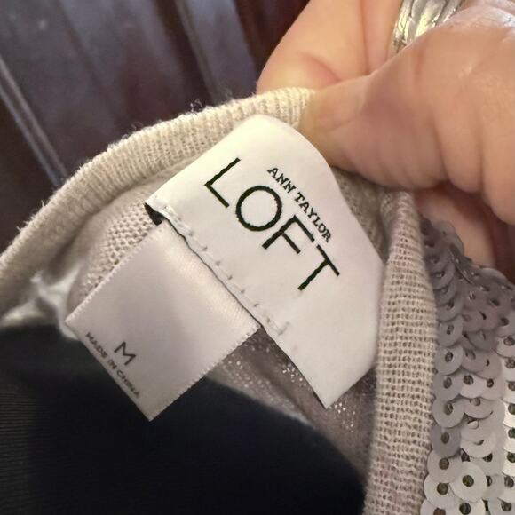 Ann Taylor LOFT Sequin Gray Metallic Striped Beige Cardigan - Picture 7 of 8